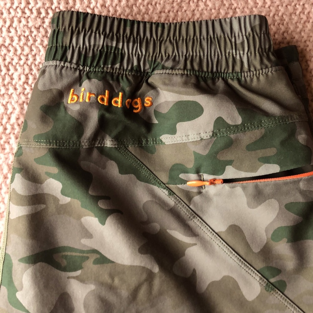birddogs “Deer Hunters” camo green shorts. Medium with regular 7” inseam.